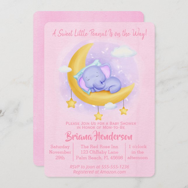 Elephant Girl Sweet Little Peanut Baby Dusche Einladung (Vorne/Hinten)