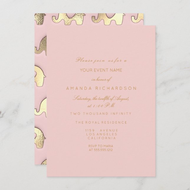 Elephant Glitzer Pink Gold Geburtstagsduschglas Einladung (Vorne/Hinten)