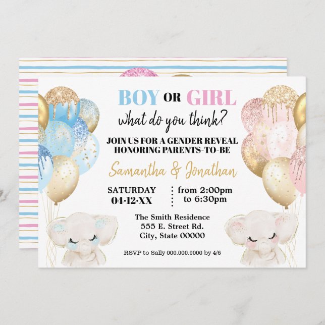 Elephant Gold Glitzer Balloons Gender-Enthüllung Einladung (Vorne/Hinten)