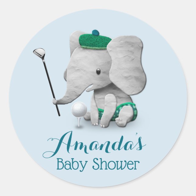 Elephant Golf Boy Niedlich Baby Dusche Runder Aufkleber (Vorderseite)