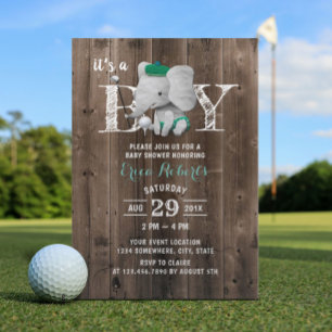 Elephant Golf Boy Rustic Barn Wood Baby Dusche Einladung