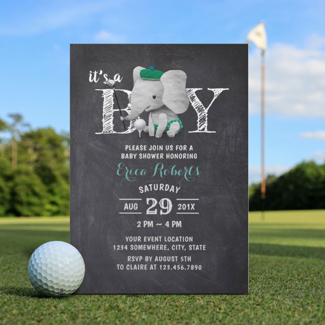 Elephant Golf Boy Rustic Chalkboard Baby Dusche Einladung (Von Creator hochgeladen)