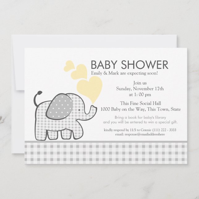 Elephant Gray Gingham Baby Shower Einladung (Vorderseite)