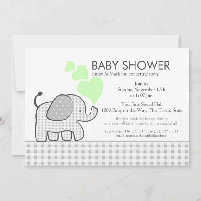 Elephant Gray Gingham Baby Shower Einladung (Vorderseite)