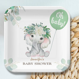 Elephant Green Balloon Gender Neutral Baby Shower Pappteller