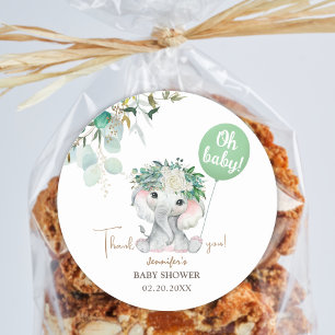 Elephant Green Balloon Gender Neutral Baby Shower Runder Aufkleber