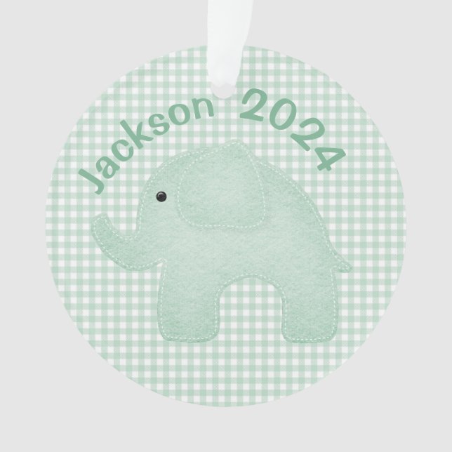 Elephant Green Kariert Gingham Personalisiert Kind Ornament (Vorderseite)