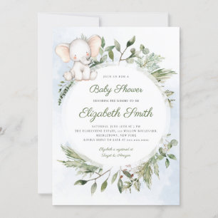 Elephant Greenerage Foliage Boy Blue Baby Dusche Einladung