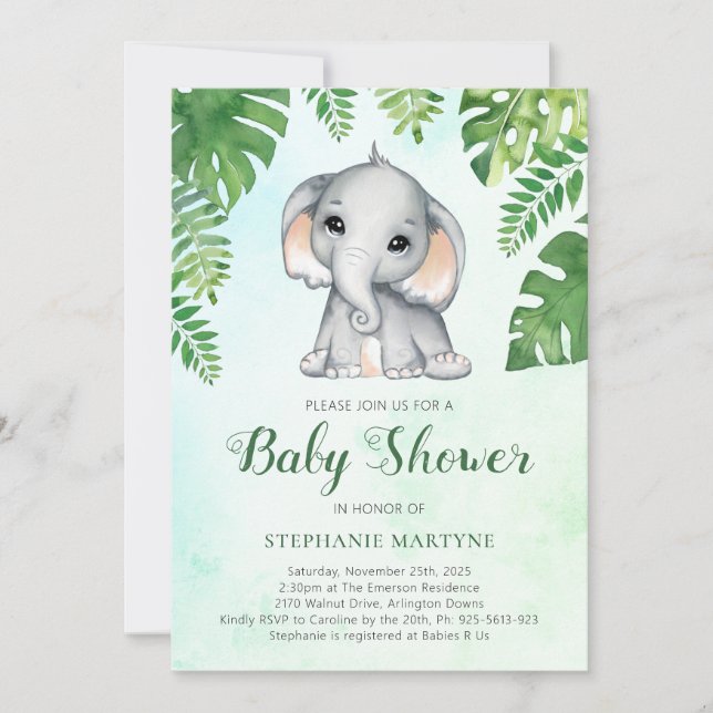 Elephant Greenerenerage Foliage Watercolor Babydus Einladung (Vorderseite)