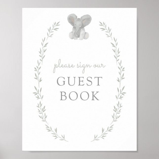 Elephant Greenery Baby Shower Guest Book Sign Poster (Vorne)
