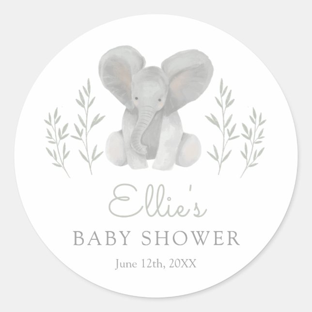 Elephant Greenery Baby Shower Runder Aufkleber (Vorderseite)