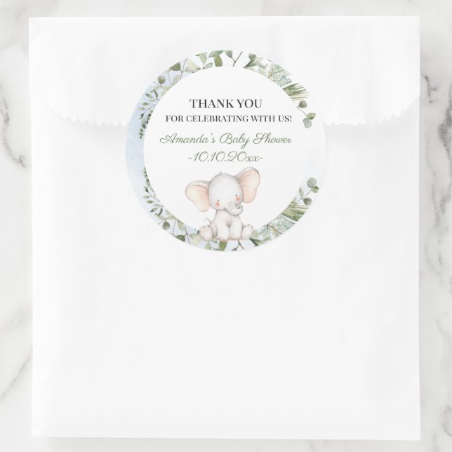 Elephant Greenery Boy Baby Shower Runder Aufkleber (Tasche)