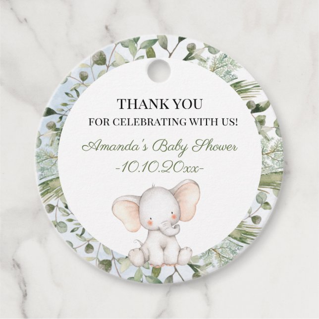 Elephant Greenery Boy Circle Boy Baby Shower Geschenkanhänger (Vorderseite)