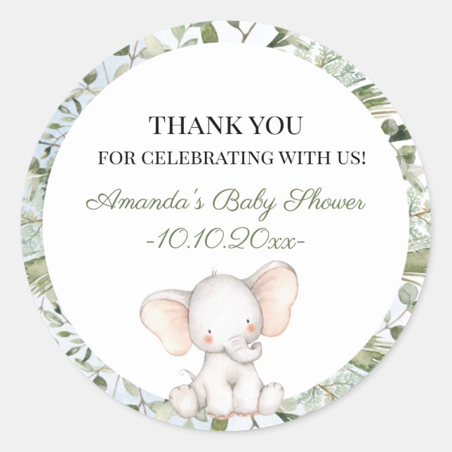 Elephant Greenery Boy Circle Boy Baby Shower Runder Aufkleber (Vorderseite)