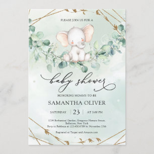 Elephant Greenery Eucalyptus Gold Geometric Baby Einladung