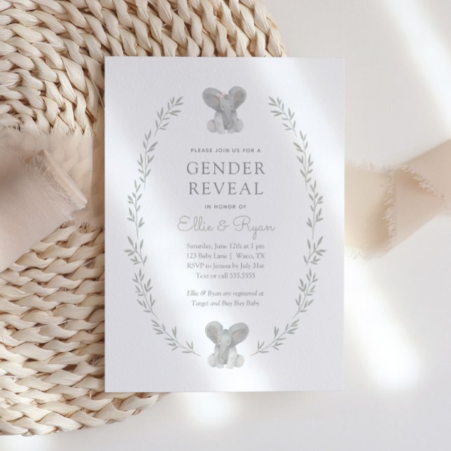 Elephant Greenery Gender Reveal Party Einladung (Von Creator hochgeladen)