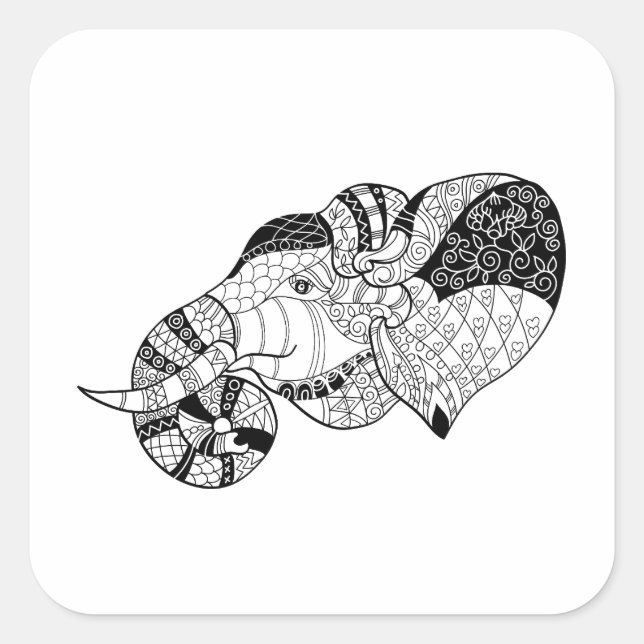 Elephant Head Zenstyle Doodle Quadratischer Aufkleber (Vorderseite)