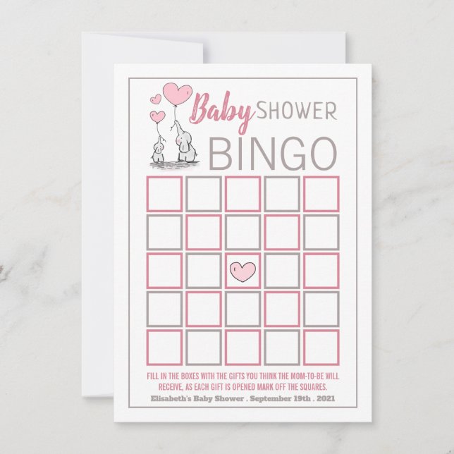 Elephant Hearts Baby Shower Bingo (Vorderseite)