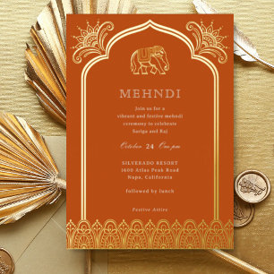 Elephant & Henna Design Muster Indian Mehndi Gold Folieneinladung