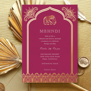 Elephant & Henna Design Muster Indian Mehndi Gold Folieneinladung