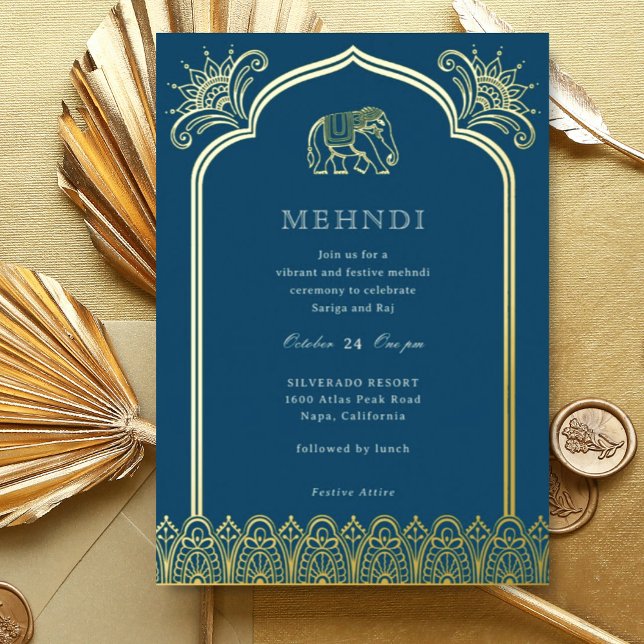 Elephant & Henna Design Muster Indian Mehndi Gold Folieneinladung (Blue Indian wedding Mehndi invitation, elephant and lotus flower, hindu wedding invitation card)