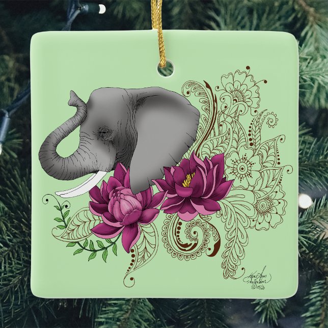Elephant Henna Lotus Blume Keramikornament (Von Creator hochgeladen)