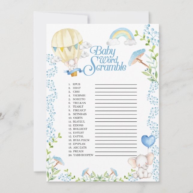 Elephant Hot Air Ballon Baby Word Scramble Game Einladung (Vorderseite)