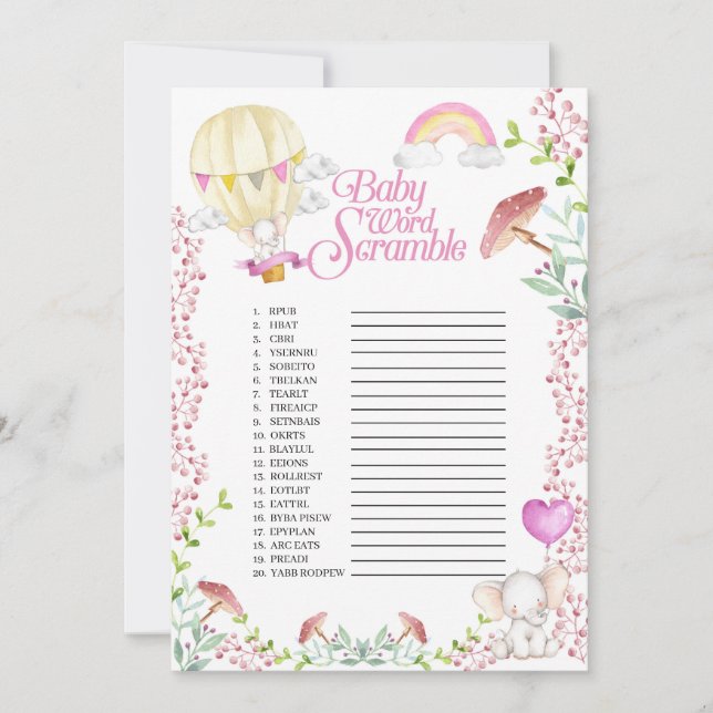 Elephant Hot Air Ballon Baby Word Scramble Game Einladung (Vorderseite)
