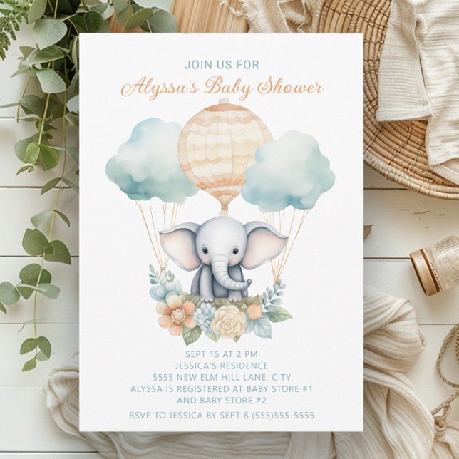 Elephant Hot Air Ballon Blue Peach Boy Einladung (Baby elephant and balloons baby boy shower invitation)