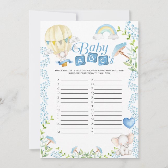 Elephant Hot Air Balloon Baby Shower ABCs Game Einladung (Vorderseite)