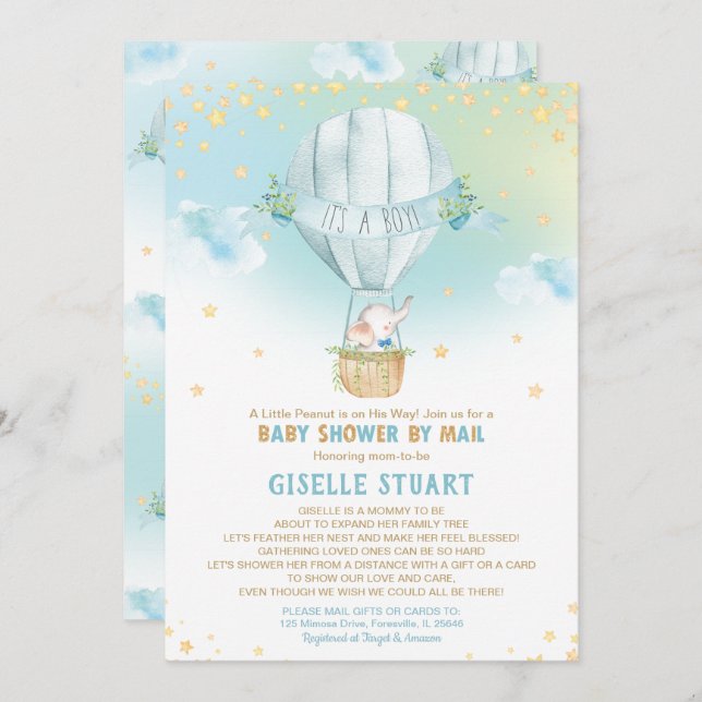Elephant Hot Air Balloon Baby Shower by Mail Boy Einladung (Vorne/Hinten)