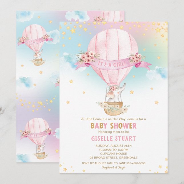 Elephant Hot Air Balloon Baby Shower Girl Einladung (Vorne/Hinten)