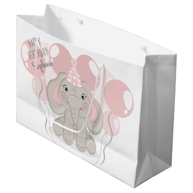Elephant in Birthday Party Hat Große Geschenktüte (Vorderseite Schrägansicht)
