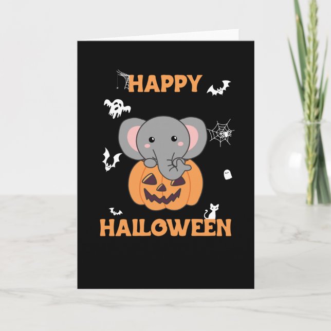 Elephant In Pumpkin Cute Elephant Happy Halloween Karte (Vorderseite)