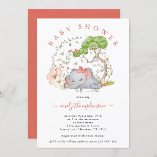 Elephant Jungle Foliage Coral Girl Baby Shower Inv Einladung