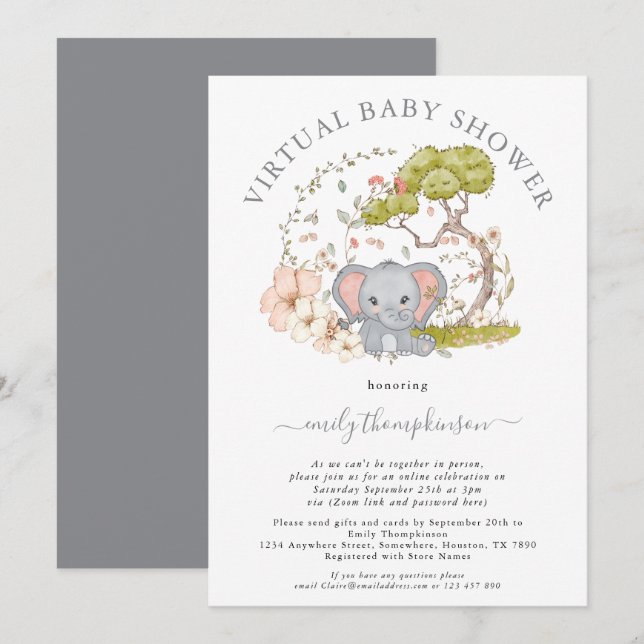 Elephant Jungle Foliage Gray Virtual Baby Shower Einladung (Vorne/Hinten)