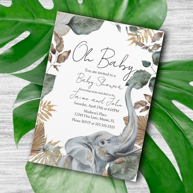 Elephant Jungle Wild Details Baby Shower Einladung (Von Creator hochgeladen)