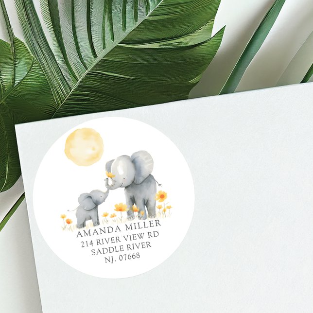 Elephant Kisses Baby Showadresse Runder Aufkleber (Von Creator hochgeladen)