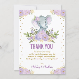 Elephant Lavender Lila Gold Floral Baby Dusche Dankeskarte