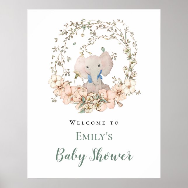 Elephant Leaf Frame Welcome Boy Baby Dusche Poster (Vorne)