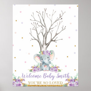 Elephant Lila Girl Baby Shower Dumbprints Tree Poster