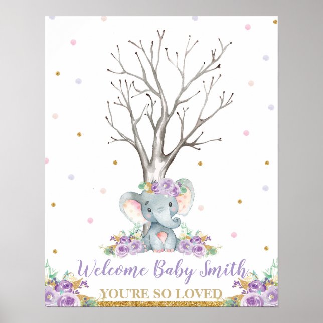 Elephant Lila Girl Baby Shower Dumbprints Tree Poster (Vorne)