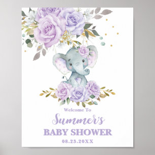 Elephant Lila Lilac Floral Baby Dusche Willkommen Poster