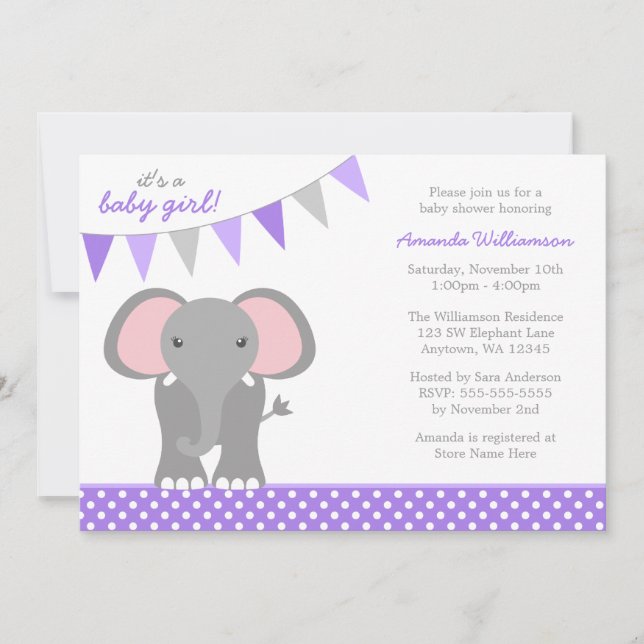 Elephant Lila Polka Dot Banner Girl Baby Dusche Einladung (Vorderseite)