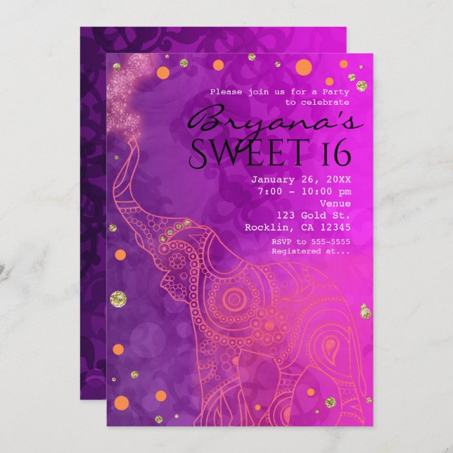 Elephant Lila Rosa Orange & Gold Einladungen (Vorne/Hinten)