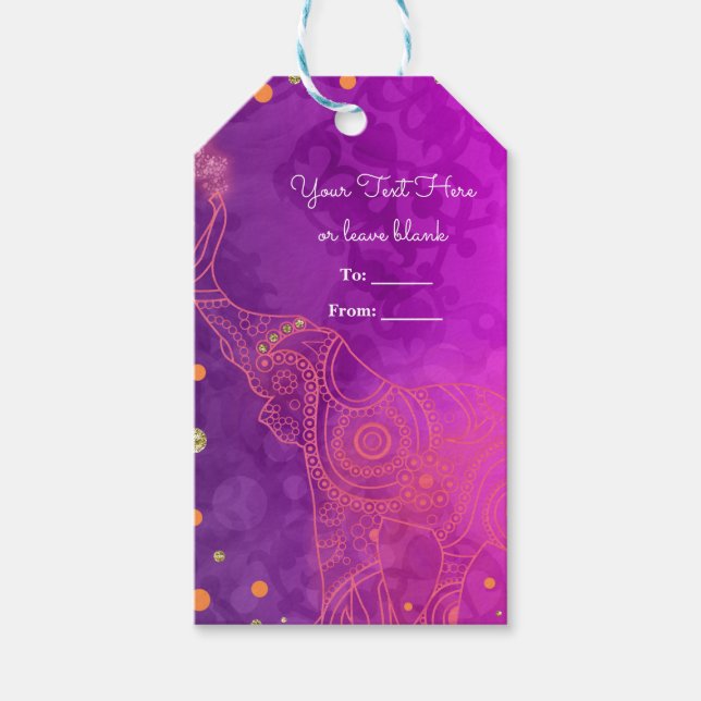 Elephant Lila rosa Orange & Gold Gefallen Geschenkanhänger (Vorderseite)