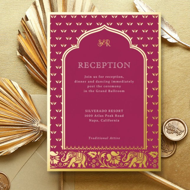 Elephant & Lotus Blume Indische Hochzeitsempfehlun Folieneinladung (Pink Indian wedding invitation with elephant and lotus flower motif, hindu wedding invitation card)