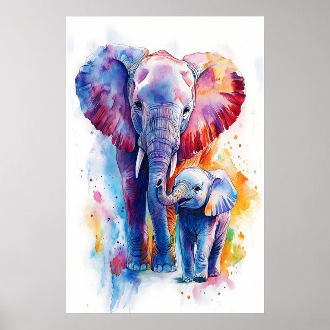 Elephant Mama and Baby Watercolor Print, Nursery Poster (Vorne)