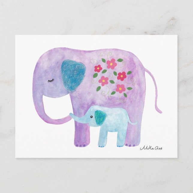 Elephant Mama & Baby Postcard Niedliche Elefantenk Postkarte (Vorderseite)