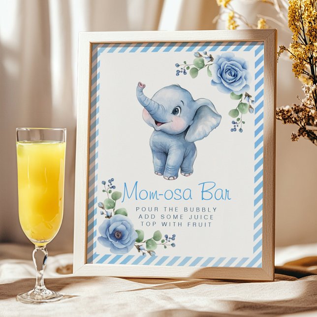 Elephant Mama-osa Bar Sign - Blue Floral Baby Show Poster (Cute mimosa bar sign)